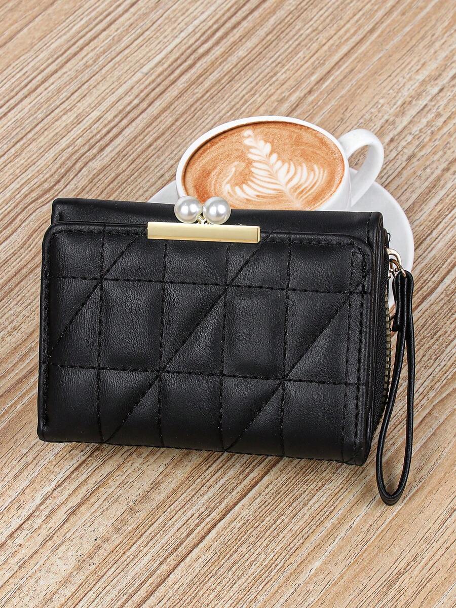 Women's Rhombus Pattern Wallet 2 In 1 Card Holder Coin Purse Short Folding Faux Pearl Decor Mini Wallet Fashion Valentine's Day Gift