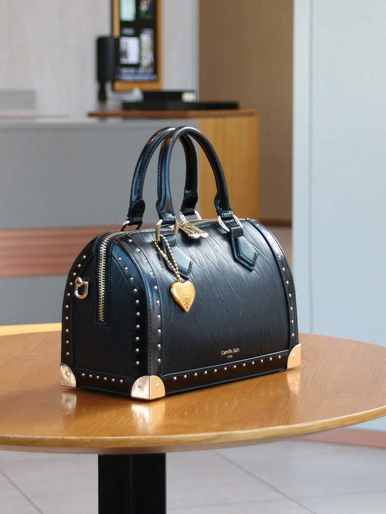Women's High End Boston Cushion Bag Vintage Rivet Box Handbag Large Capacity Fashion Structured Satchel Top Handle Shoulder Purse Gift